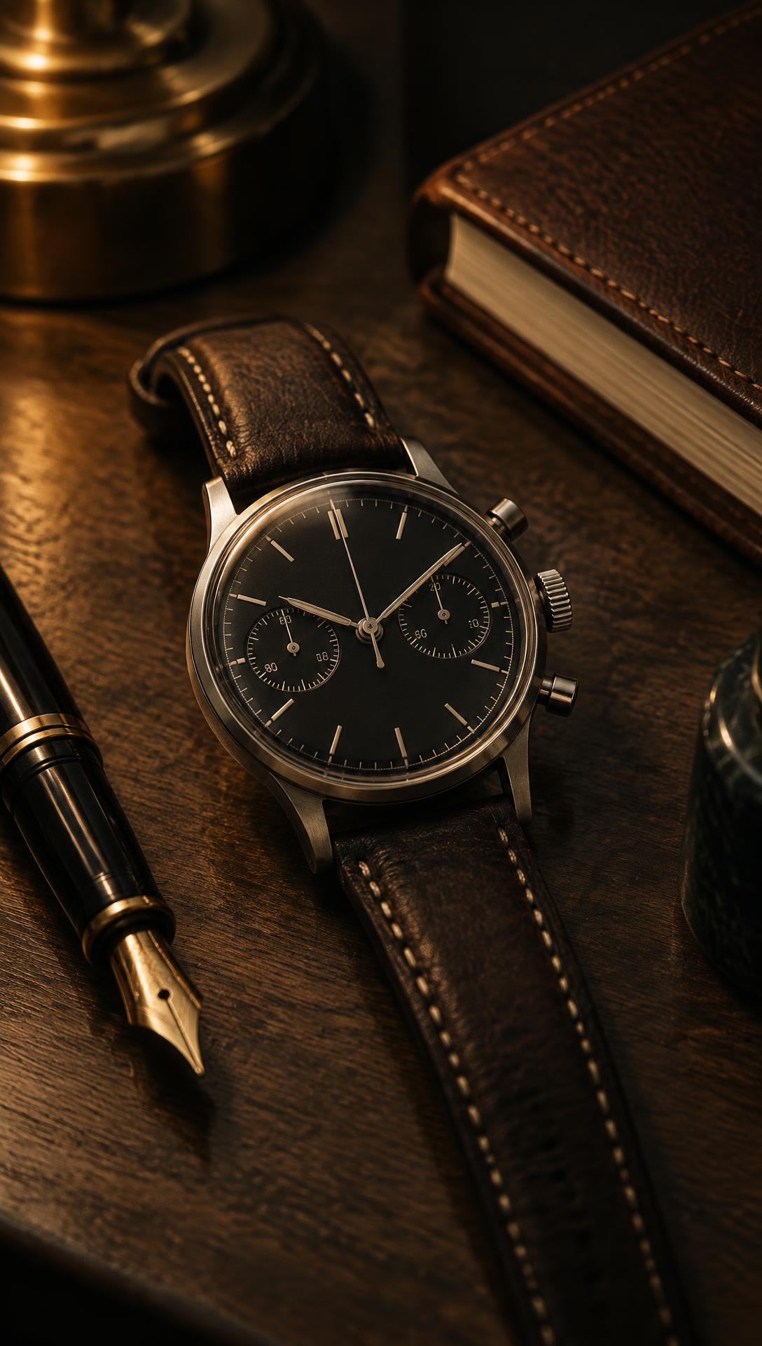 Episode one film poster — a chronograph, fountain pen and notebook on walnut
