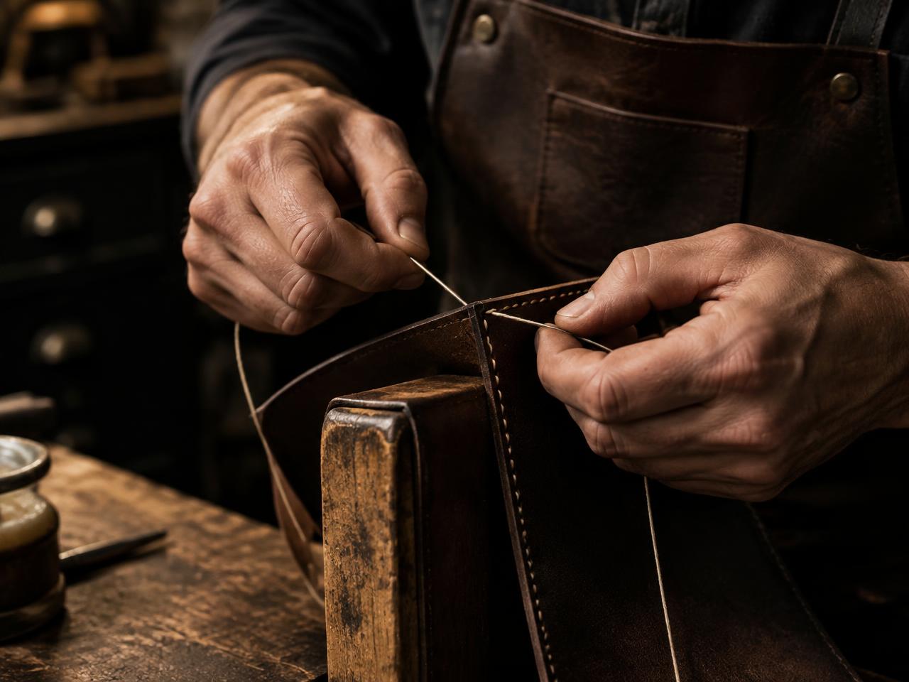 An artisan saddle-stitching a leather edge by hand