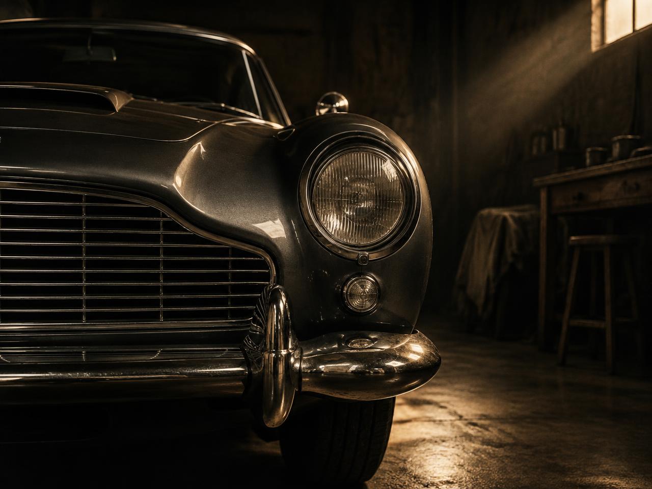 A classic grand tourer resting in a dark garage under a shaft of light